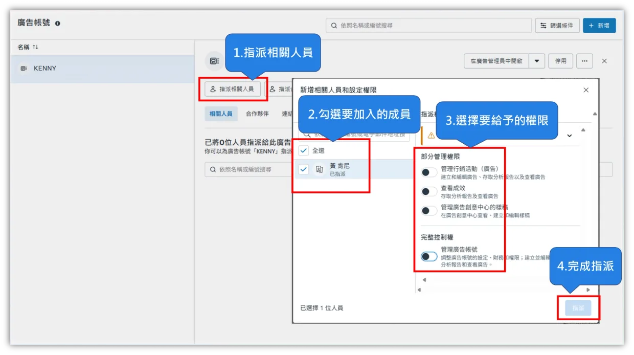 廣告帳號建立完成後將自己與員工指派進該帳號的操作畫面
