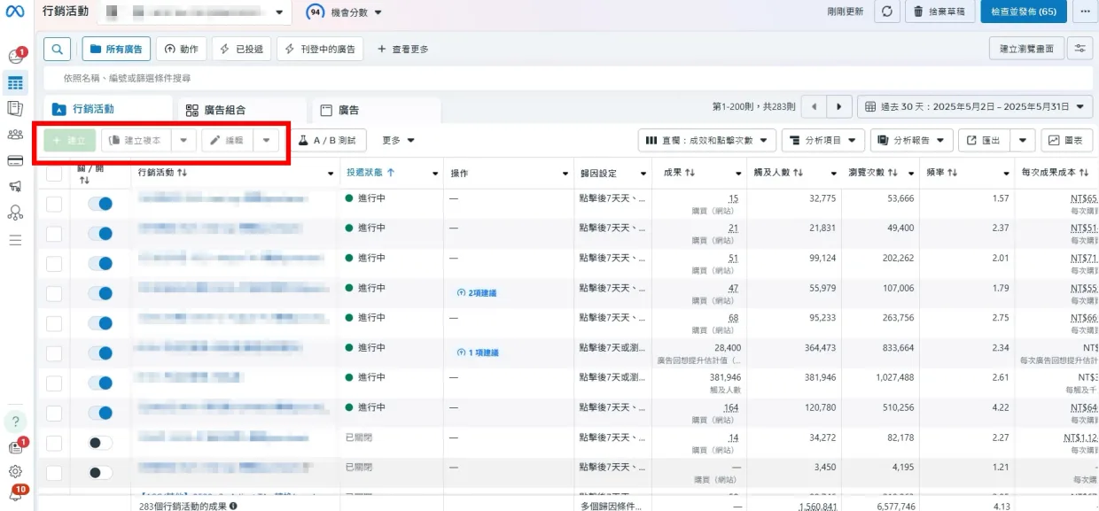 廣告帳號被鎖後所有編輯按鈕變灰無法點選的後台畫面