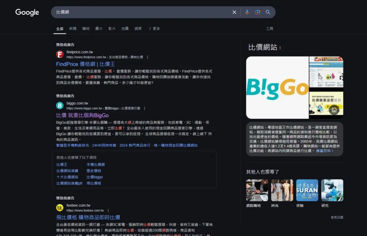 各大比價網站查詢同款商品售價的畫面，用於確認自家定價是否具市場競爭力