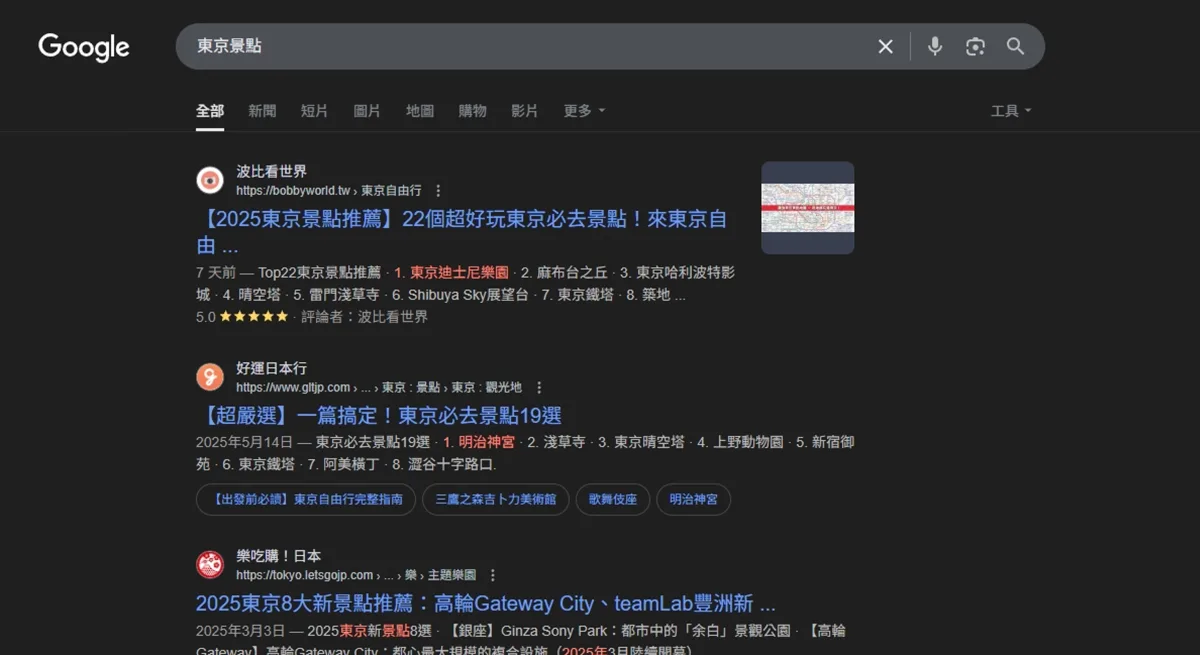 搜尋「東京景點」時,帶年份的文章排在第一頁的搜尋結果畫面