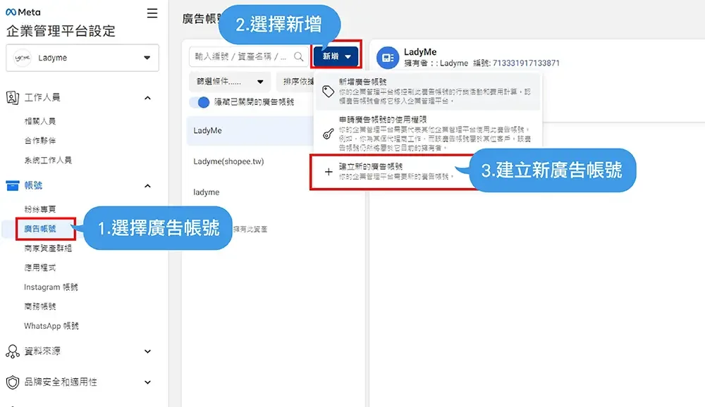 在企業管理平台左側選擇廣告帳號並點選新增的操作畫面