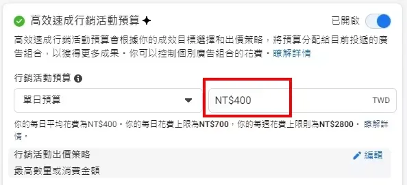 廣告投放金額建議從每日400元起跳,低於此金額學習期難以完成