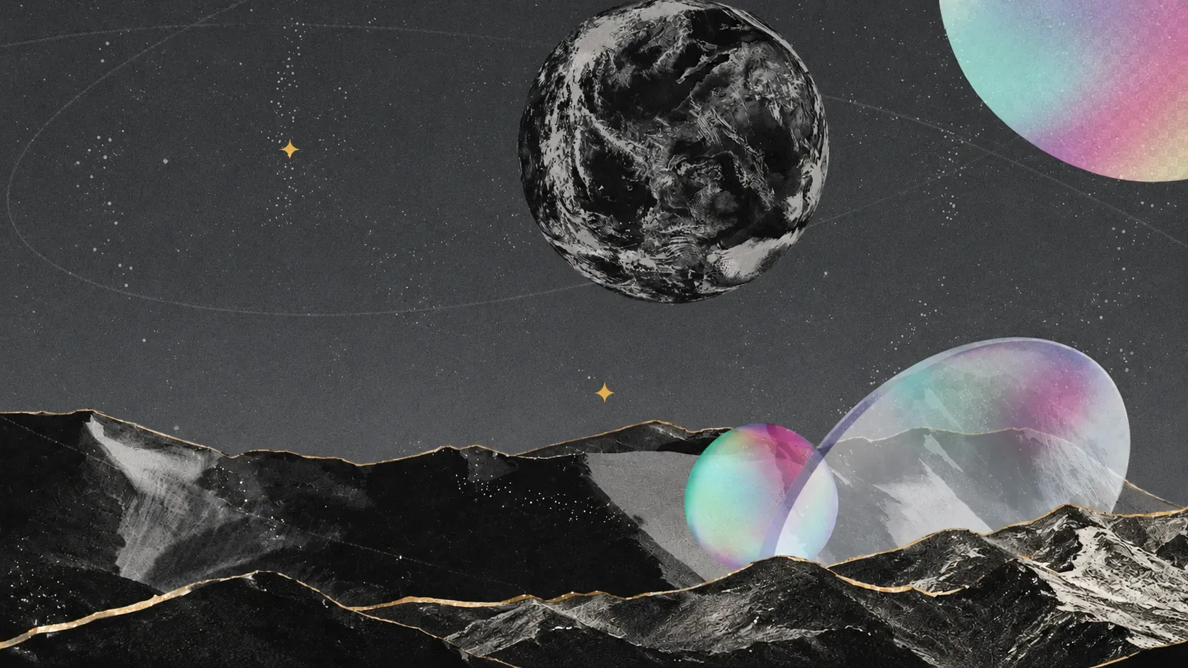 深色星空拼貼主視覺：黑白星球、金色軌道線與雪山稜線 — RABY AIO 品牌形象